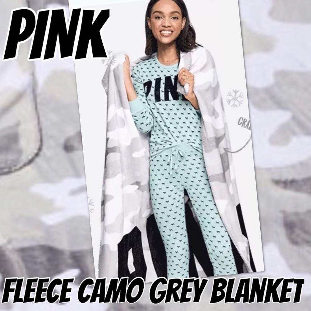 PINK So Soft Fleece BLANKET Camo Grey NWT